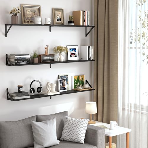 48 Inch Large Wall Bookshelves Set of 3 (Black / 47.24"W x 5.9"D x 5.4"H,Set of 3)