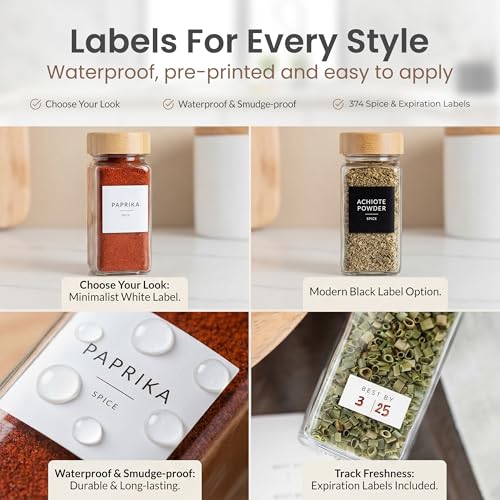 Glass Spice Jars with Label (Square Spice Jars with Bamboo Lids)
