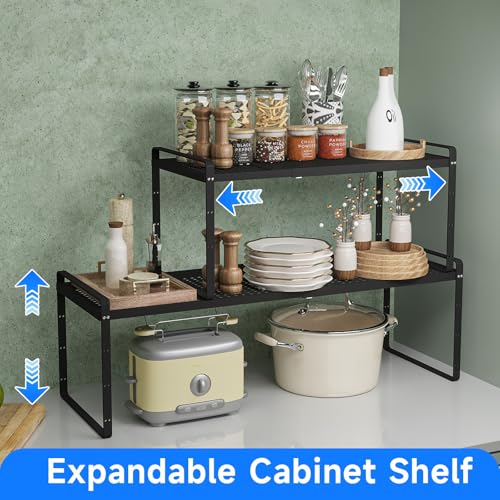 Expandable Cabinet Shelf Organizers (Black Large)