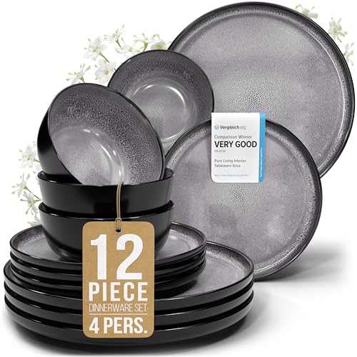 12 Piece Stoneware Dinnerware Set for 4 (Dark / Dark Gray / Set for 4 (12pcs))