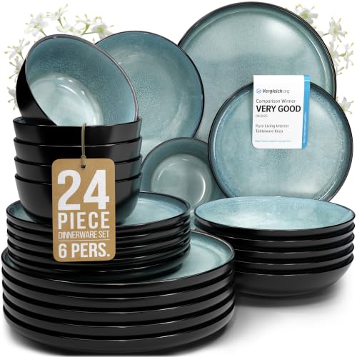24 Piece Stoneware Dinnerware Set for 6 (Dark / Petrol / Set for 6 (24pcs))