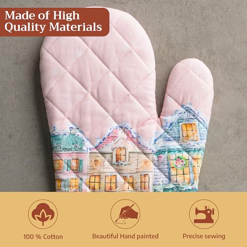 Maison d'Hermine Oven Gloves 100% Cotton Oven Mitt (124 - Christmas Market - Pink / 7.5" x 13" (Oven Mitt))