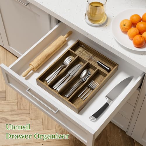 Acacia Wood Silverware Drawer Organizer (5 Slots)