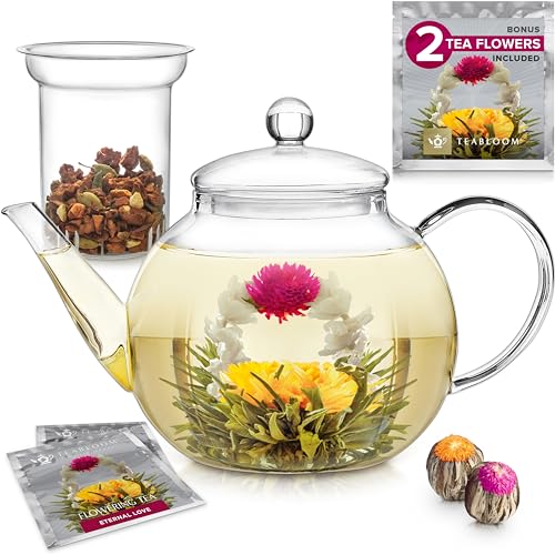 Stovetop & Microwave Safe Glass Teapot with Removable Loose Tea Glass Infuser (40 FL OZ (4-5 CUPS))