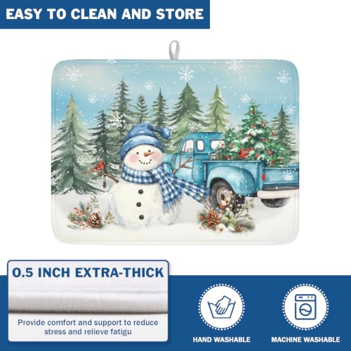 Winter Snowman Blue Dish Drying Mat Xmas Truck Dishes Pad 18"x24" Microfiber Absorbent Drainer Rack Mats Protector for Kitchen Counter Sink (Blue Snowman Truck / 18x24 inch)