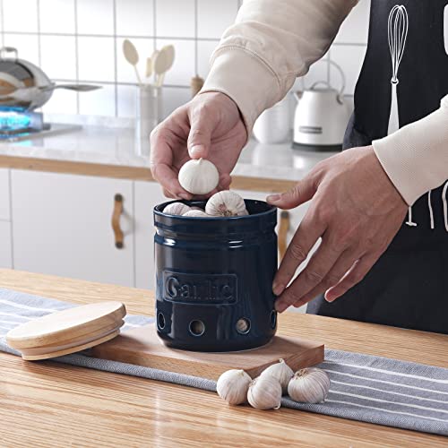 Garlic Keeper with Wooden Lid (Navy)