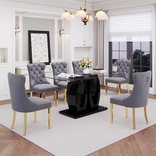 63" Glass Dining Table Set for 6 (Black Table & Gold Grey Chair / 7-Piece Set-Double O-Shaped Table)