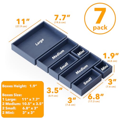 7 Piece Bamboo Drawer Organizer Storage Boxes Set (7-Piece / Navy Blue)