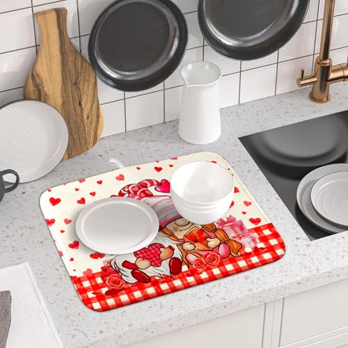 Love Gnome Dish Drying Mat 16"x18" Red Heart Microfiber Dish Drainer Rack Mat Holiday Absorbent Dishes Pad for Kitchen Counter Sink Decor (Love Gnome / 16" x 18")