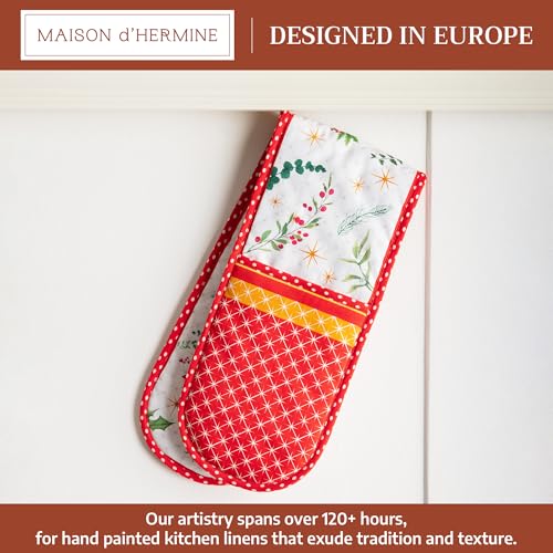 Double Oven Mitts 100% Cotton Double Oven Glove (117 - Poinsettia Christmas / 7" x 35" (Double Oven Mitt))