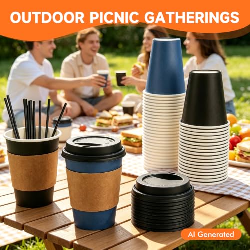 100 Pack 12 oz Disposable Coffee Cups with Lids and Sleeves (Black/Blue / 12oz)