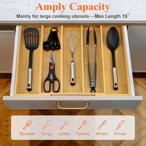 Expandable Bamboo Silverware Drawer Organizer Large Kitchen Utensils Tray ((12.6"-21")x 15.7" / Bamboo)