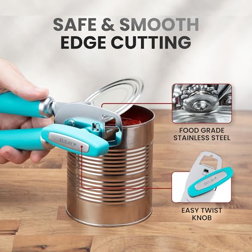 Manual Can Opener Heavy Duty Patented Stainless Steel (Turquoise / Comfy Grip)