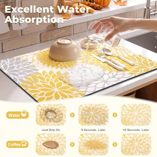 Fall Dish Drying Mat 12" x 20" Absorbent Floral Coffee Mat Yellow (Yellow / 12" x 20")