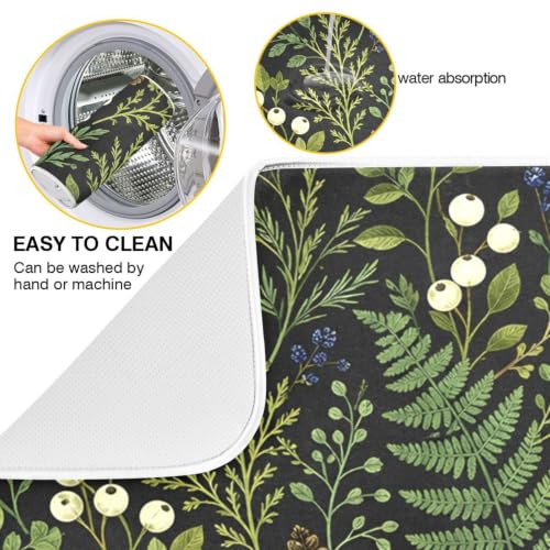 Sage Leaves Botanical Berry Plant Dish Drying Mat for Kitchen Counter Absorbent Microfiber Drying Pad (18" x 24")