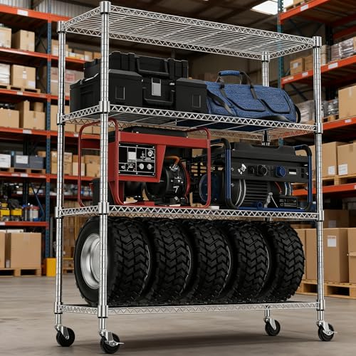 1400LBS 47.2" W 4 Tiers Storage Shelves Metal Shelving Unit with Wheels Heavy Duty Garage Shelving Adjustable Wire Shelves for Pantry (4 Tiers, 17.7"D x 47.2"W x 62.6"H / Chrome)