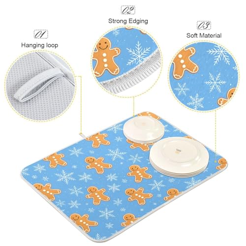 Snowflake Gingerbread Cookie Blue Dish Drying Mat for Kitchen Counter Absorbent Microfiber Drying Pad (16" x 16")