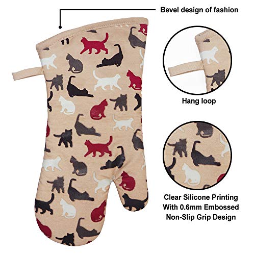 Oven Mitts 1 Pair (Cat, Khaki Mittens)