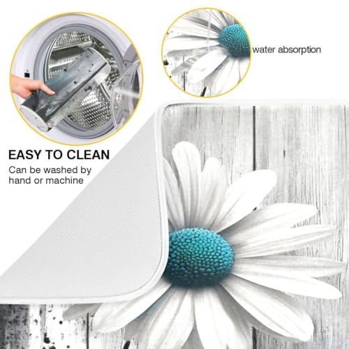 Daisy Flower Teal Butterfly Dish Drying Mat for Kitchen Counter Absorbent Microfiber Drying Pad (16" x 18")