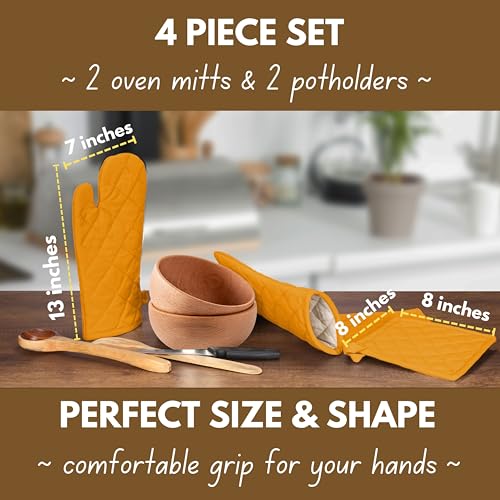 4 Piece Set 2 Oven Mitts & 2 Potholders (Mustard Yellow)