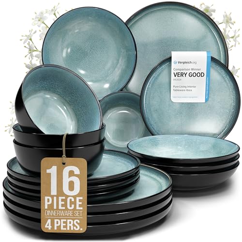 16 Piece Stoneware Dinnerware Set for 4 (Dark / Petrol / Set for 4 (16pcs))