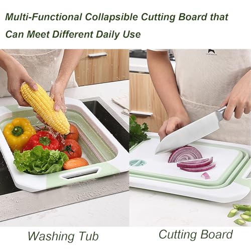 Camping Collapsible Cutting Board Dish Basin BBQ Prep Tub Camp Sink Dish Washing Station Multifunctional Storage Basket (Green White)