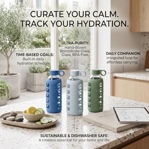 40oz / 32oz / 22oz / 12oz Borosilicate Glass Water Bottle with Time & Volume Markers, Silicone Sleeve, Stainless Steel Lid | Reusable Glass Bottle for Water & Juice (22oz Chinese Porcelain) (Chinese Porcelain (1 Count) / 22 Ounces)
