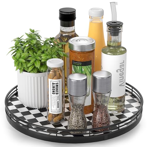 12 Inch Black and White Checkerboard Lazy Susan with Oak Wood Base (Black & White / 12 inches)