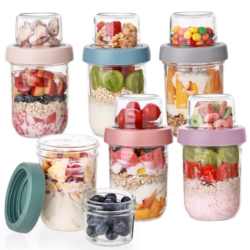 6 Pack Overnight Oats Containers with Lids (6 Pack Dual Layer Oat Jar)