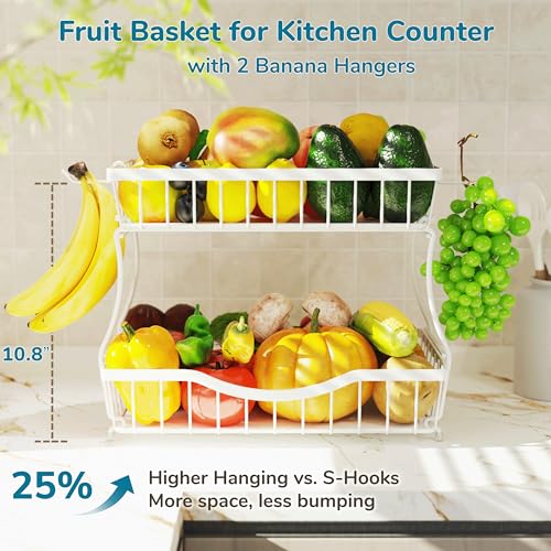 Large 2 Tier Fruit Basket for Kitchen Counter with 2 Banana Hangers (White)