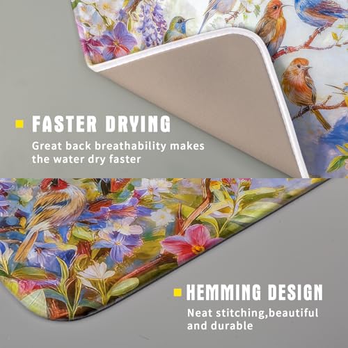 Spring Bird Dish Drying Mats for Kitchen Counter Floral Small Dish Drying Pad Season Decor (Colorful Art Birds / 18" x 16")