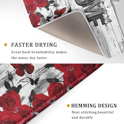 Red Rose Dish Drying Mat 18x24 inch Romantic Floral Absorbent Microfiber Sink Counter Dishware Drainer Pad for Kitchen Coffee Bar Decor (Red Rose / 18" x 24")