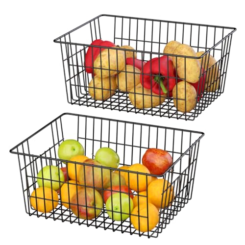 Large Freezer Baskets Metal Storage Organizer Bin Basket Wire Storage Basket for Kitchen Pantry Bathroom Large Metal Farmhouse Food Fruit Produce Organizer Bins (8-P / Black)