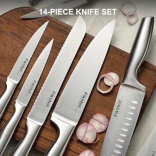 14 Pieces Knife Block Set German Stainless Steel with Sharpener (Silver + Walnut)