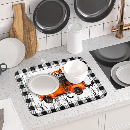 Holiday Truck Dish Drying Mat (Halloween Truck Orange / 18" x 16")