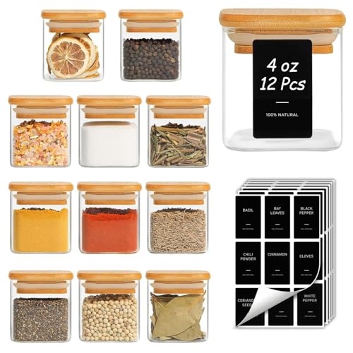Square Glass Spice Jars with Labels 4 oz 12 Pack with Bamboo Lids (12 Count)