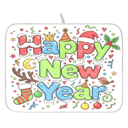 Cute Happy New Year Dish Drying Mat for Kitchen Counter Absorbent Microfiber Small Drying Pad Dish mats for Kitchen Countertops 16 x 18 Inch (Happy New Year / 18" x 16")
