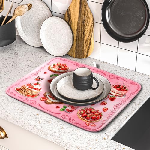 Pink Strawberry Dish Drying Mat for Kitchen Counter Small 18 X 16 In (Strawberry Pink 328 / 18" x 16")