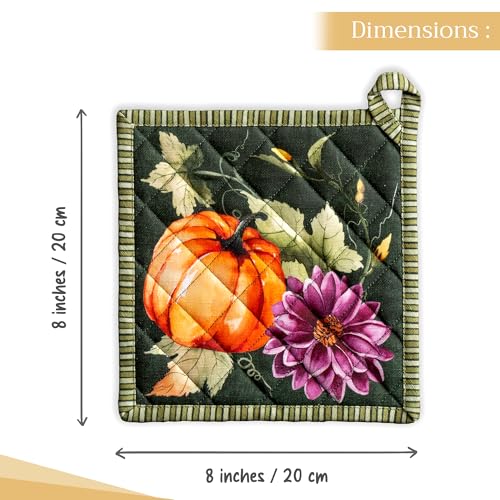 Pot Holders 100% Cotton Potholders (026 - Pumpkin Garden - Dark Green / 8" x 8" (Pot Holder Pack of 2))