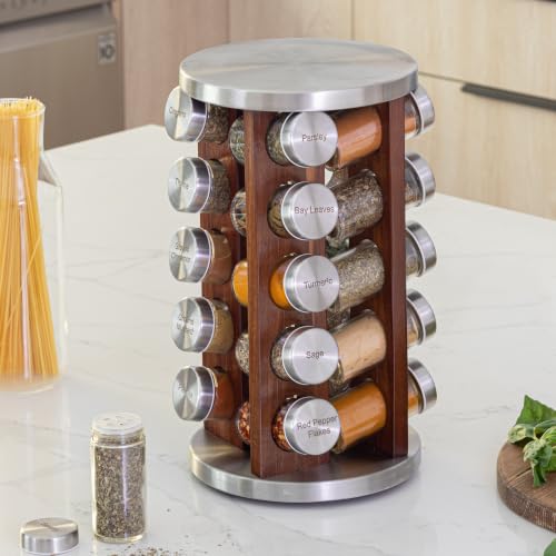 20 Jar Rotating Dark Acacia Wood Spice Rack with Spices Included & 5