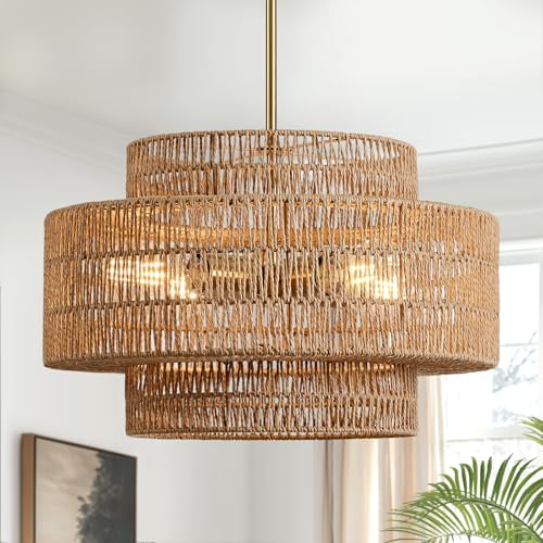 17.7" Rattan Chandelier for Dining Room (Brown / 17.7" 4-Light)