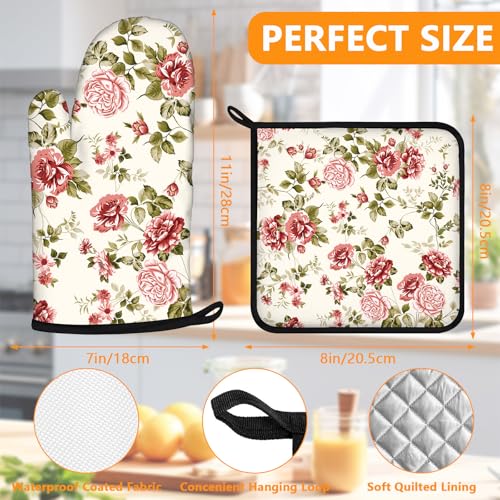 Red Rose Oven Mitts and Pot Holders Sets 4Pcs (Red Rose)