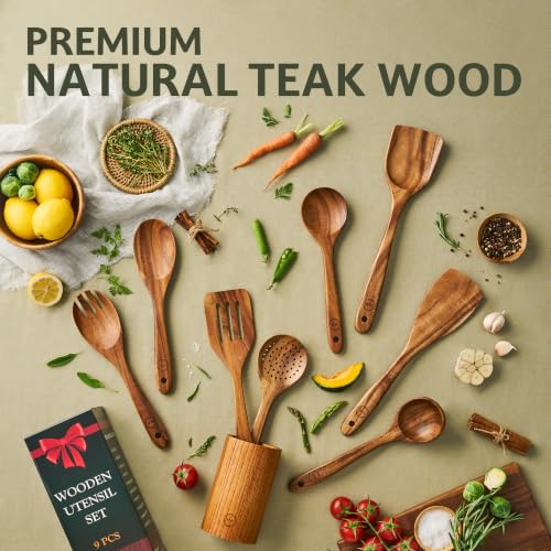 9 Piece Teak Wood Cooking Utensil Set with Holder (9 PCS Set)