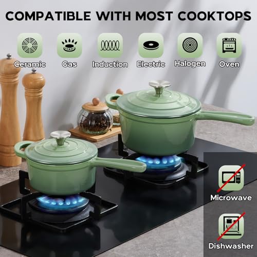 Enameled Cast Iron Saucepan Set (Pistachio Green / 1+2 Quarts)