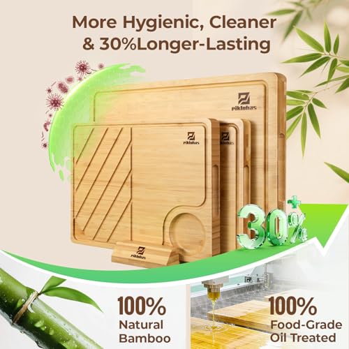 Bamboo Cutting Boards Set of 4 for Kitchen with Wood Storage Stand (Natural Bamboo Color)