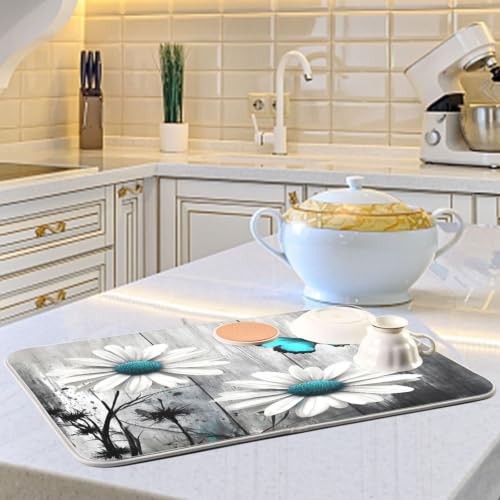 Daisy Flower Teal Butterfly Dish Drying Mat for Kitchen Counter Absorbent Microfiber Drying Pad (18" x 18")