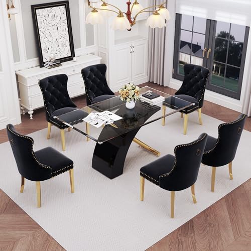 7 Piece Glass Dining Table Set for 6 (Black Table & Gold Black Chair / 7-Piece Set-X-Shaped Table)