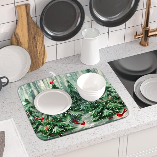 Winter Pine Tree Dish Drying Mat Red Bird Berry Dishes Drainer Mats Absorbent Microfiber Kitchen Counter Protector Drying Mats 16x18 Inch (Winter Pine Tree / 16" x 18")