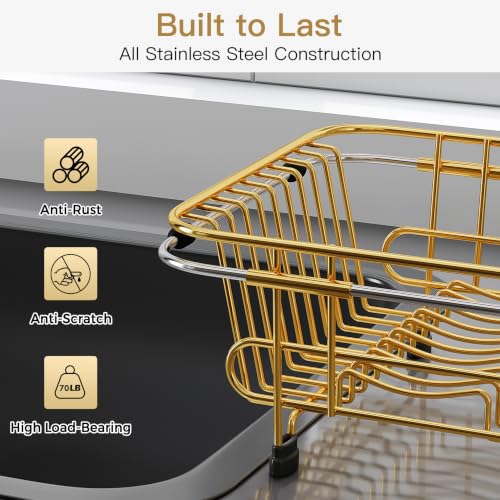 Gold Dish Drying Rack in Sink with Utensil Holder (Gold / For 10"-12"w Sink)