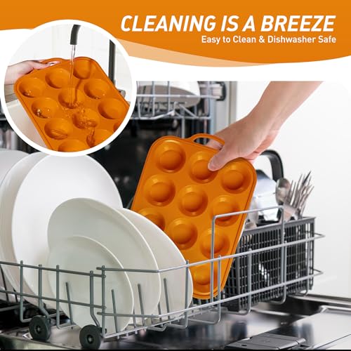 2 Packs 12 Cups Silicone Muffin Pan with Metal Reinforced Frame Regular Size Cupcake Pan Tray Egg Bites Silicone Cookie Molds Muffin Tin Tart Pans Baking Set for Easter Christmas holiday Cookie (Regular / Orange)